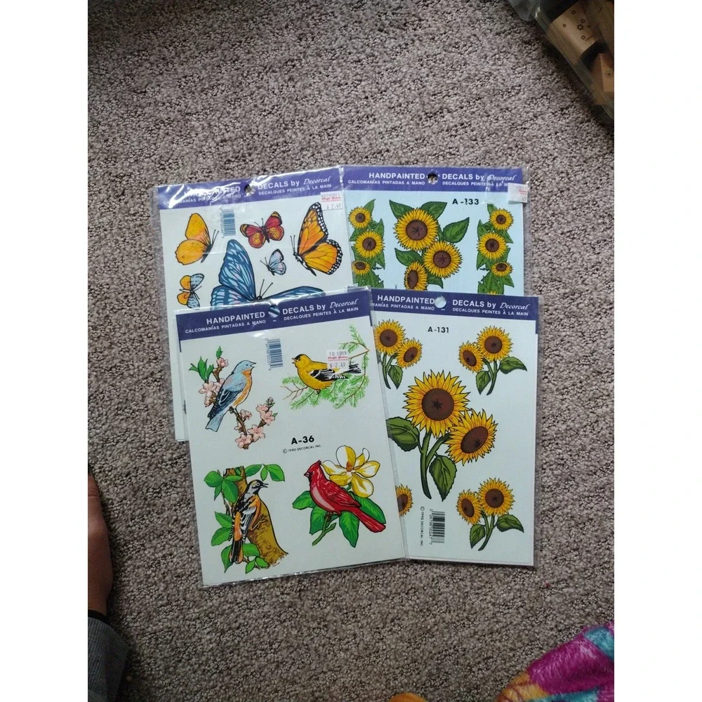 Lot of 4 Vtg Decorcal Inc Decals Hand Painted 1980's Birds Butterflies Sunflower